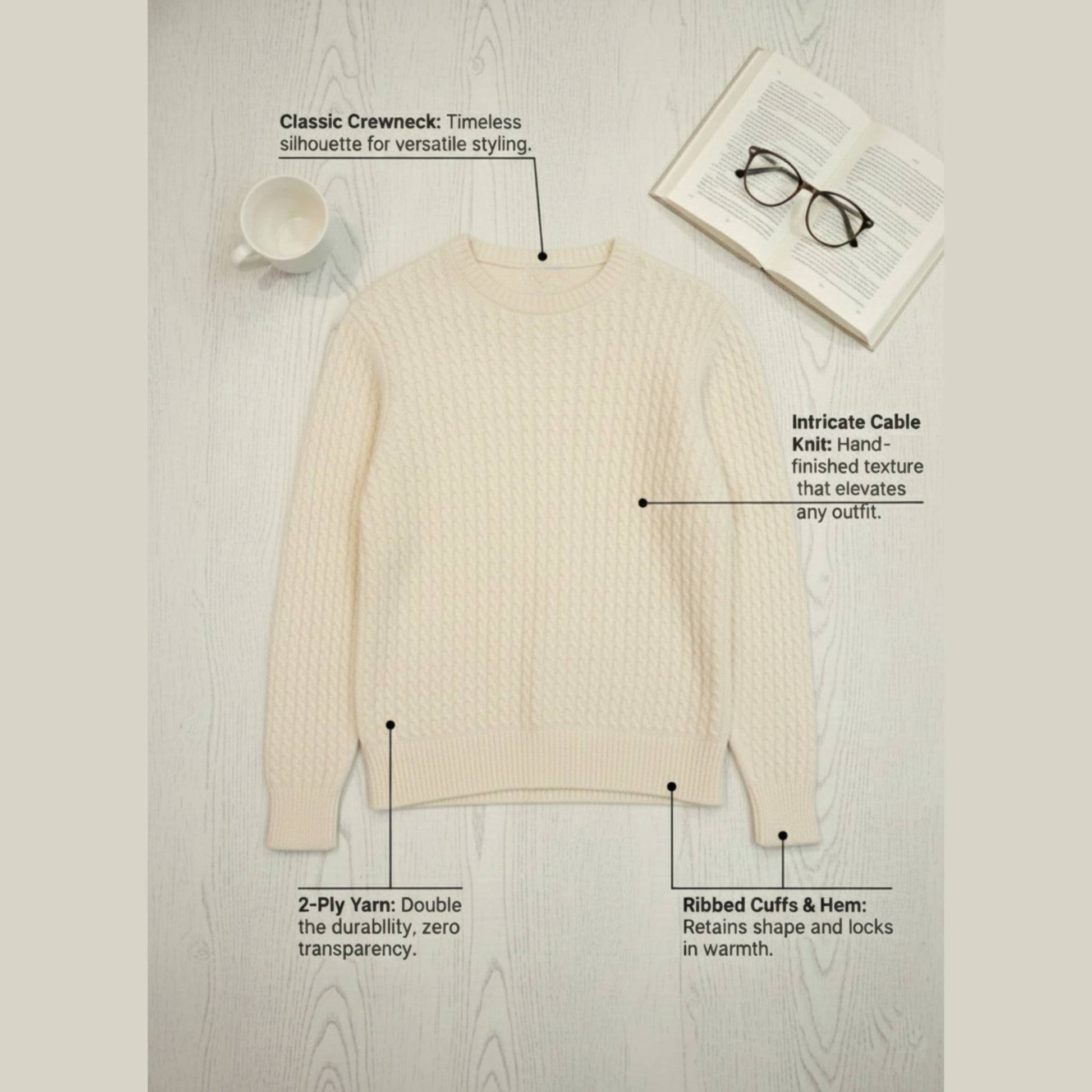 Grace Cable-Knit Cashmere Crewneck | 100% Pure Himalayan Women's Sweater