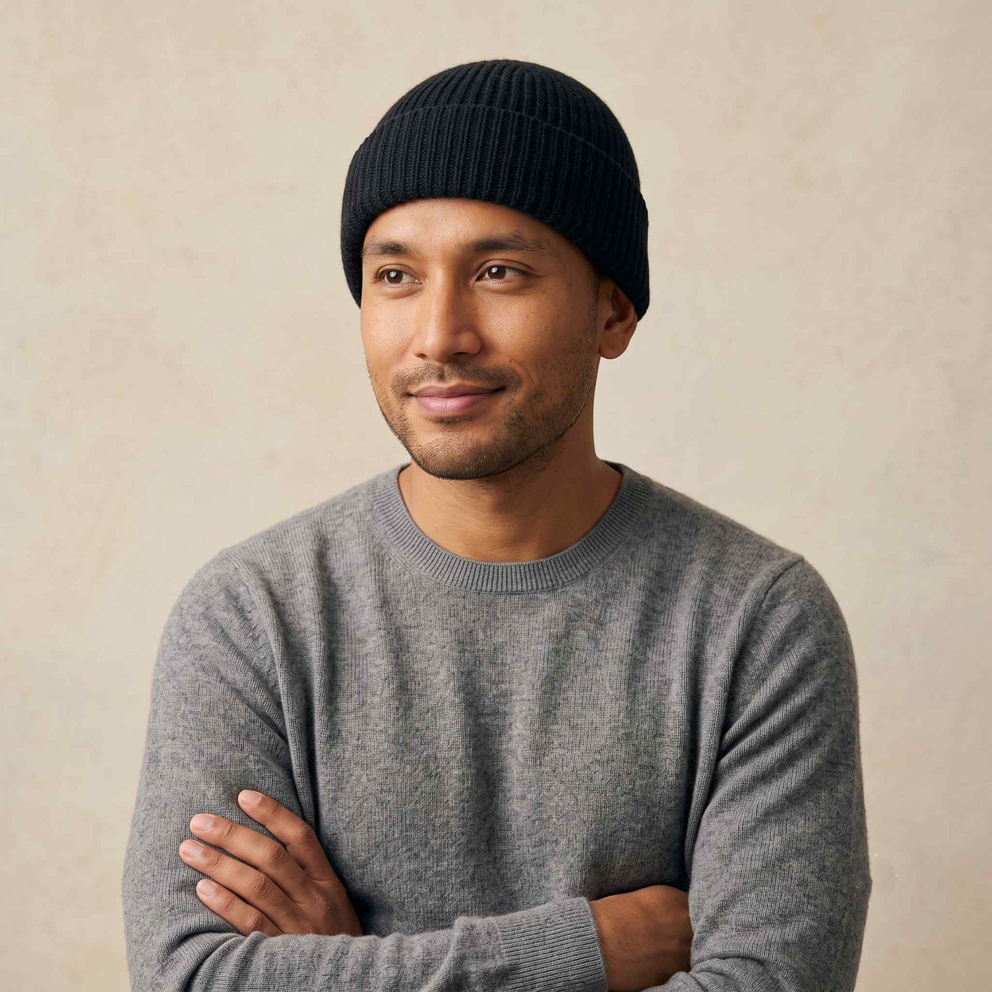 Men's hand-knit ribbed cashmere beanie, Noma in Deep Onyx - view 1