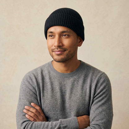 Men's hand-knit ribbed cashmere beanie, Noma in Deep Onyx - view 1