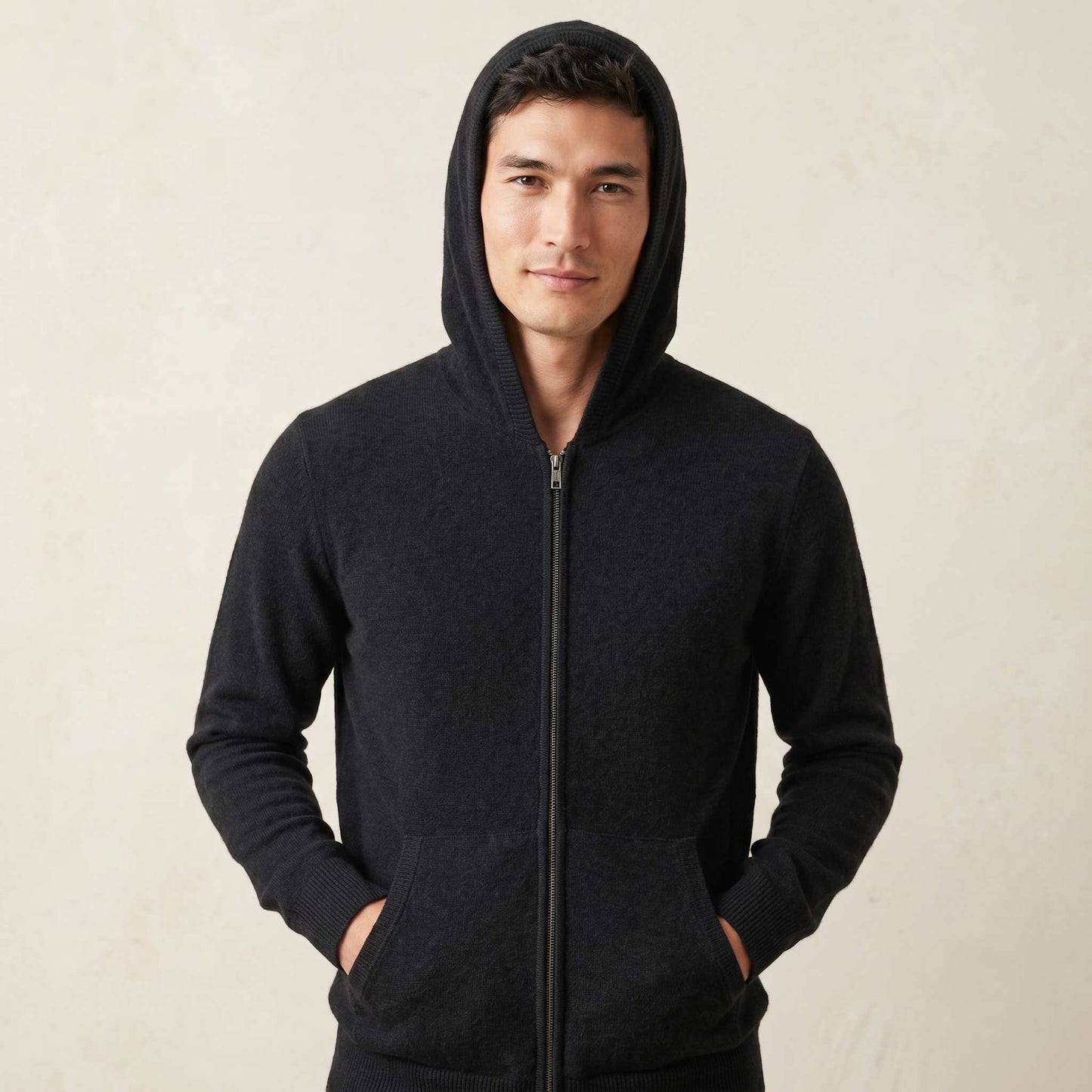 Original Kora Zip Himalayan Cashmere Hoodie For Men in Black — Himalayan cashmere, view 1