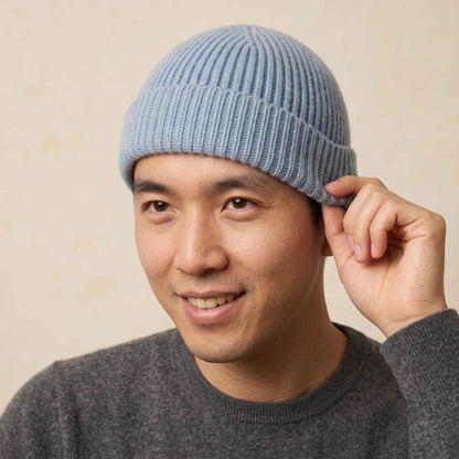 Men's hand-knit ribbed cashmere beanie, Noma in Sky Blue - view 1