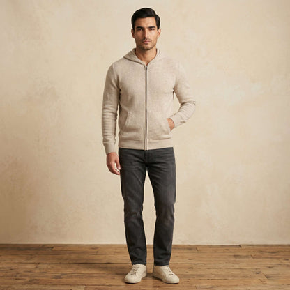 Original Kora Zip Undyed Himalayan Cashmere Hoodie For Men in Oatmeal Melange — Himalayan cashmere, view 1