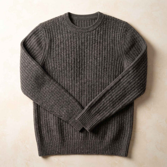 Men's ribbed cashmere crewneck sweater, Signature in Dark Grey Melange - view 2
