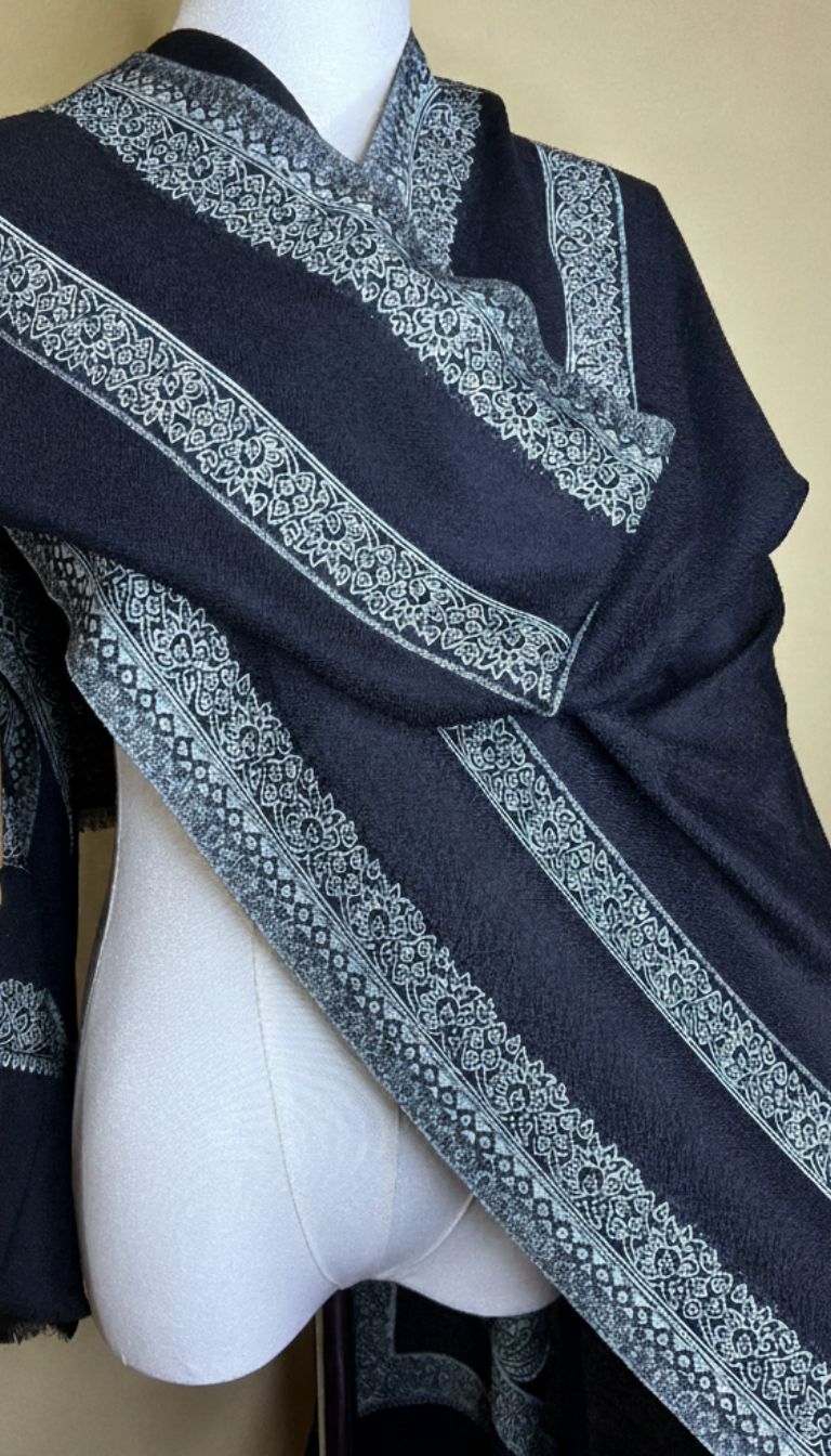 100% Pure Himalayan Cashmere Pashmina Shawl - Signature Neutral & Pattern Collection Midnight Black & Silver