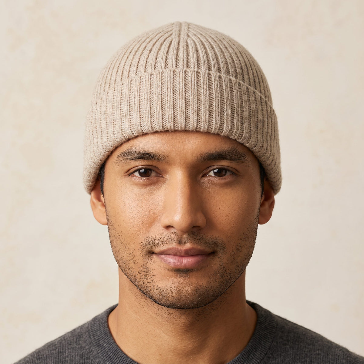 HROM Men's Undyed Cashmere Beanie - Haven Ribbed Oatmeal Melange 3