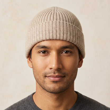 HROM Men's Undyed Cashmere Beanie - Haven Ribbed Oatmeal Melange 3