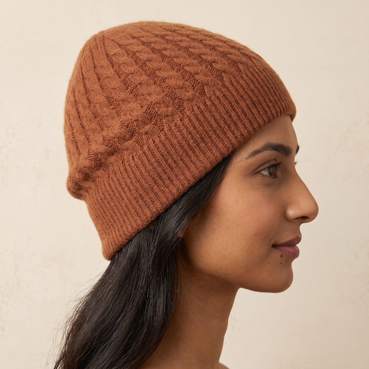 WCAM Women's Cashmere Beanie - Heritage Cable Knit Amber 6