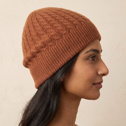 WCAM Women's Cashmere Beanie - Heritage Cable Knit Amber 6