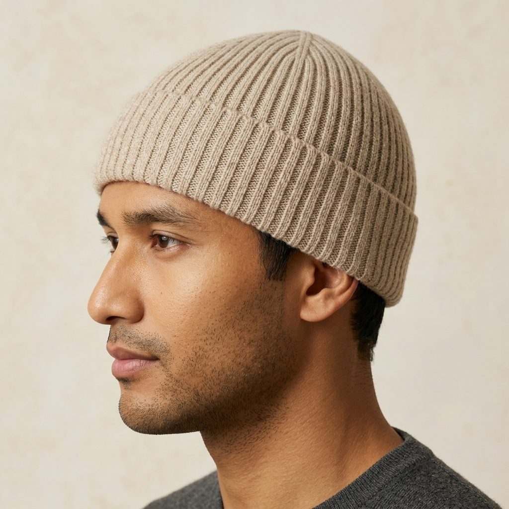HROM Men's Undyed Cashmere Beanie - Haven Ribbed Oatmeal Melange 4