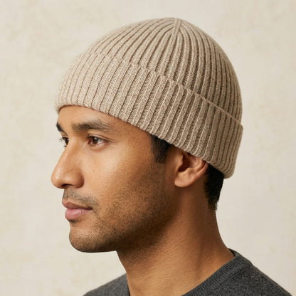 HROM Men's Undyed Cashmere Beanie - Haven Ribbed Oatmeal Melange 4