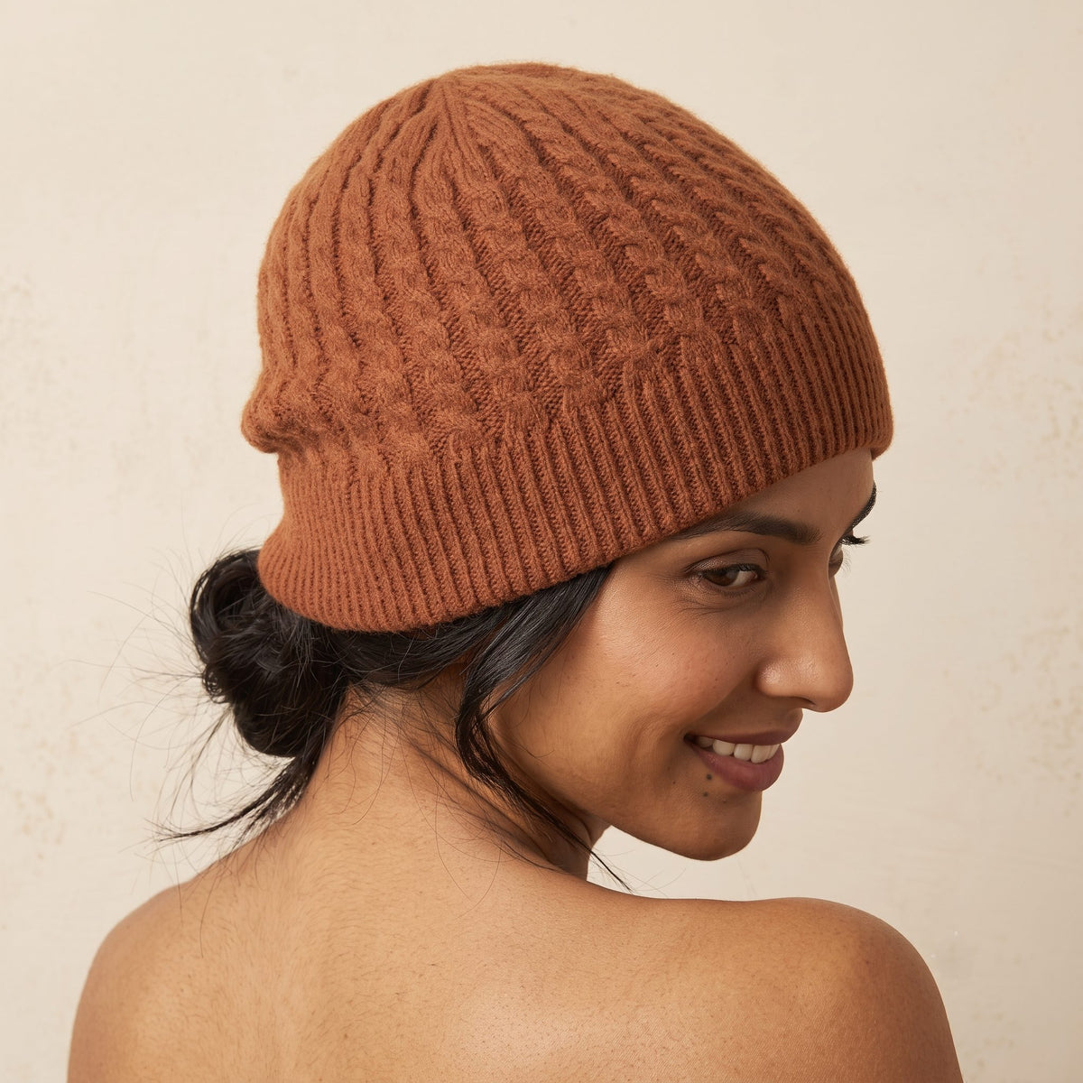 WCAM Women's Cashmere Beanie - Heritage Cable Knit Amber 7