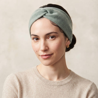 Gomba twisted-front cashmere headband in Heathered Jade, worn, view 1