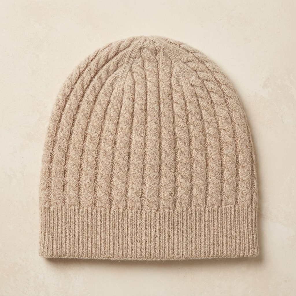WCOM Women's Undyed Cashmere Beanie - Heritage Cable Knit Oatmeal Melange 3