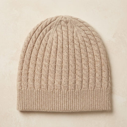 WCOM Women's Undyed Cashmere Beanie - Heritage Cable Knit Oatmeal Melange 3