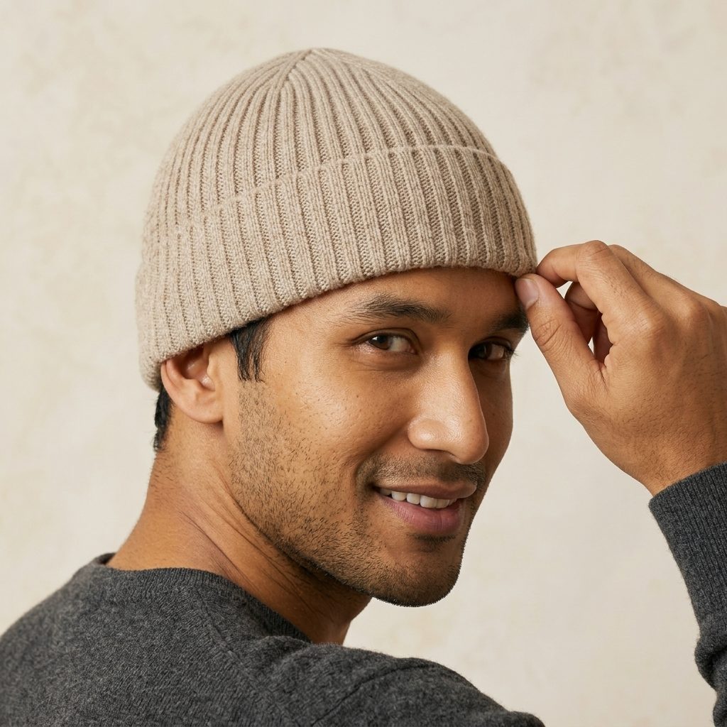 HROM Men's Undyed Cashmere Beanie - Haven Ribbed Oatmeal Melange 5