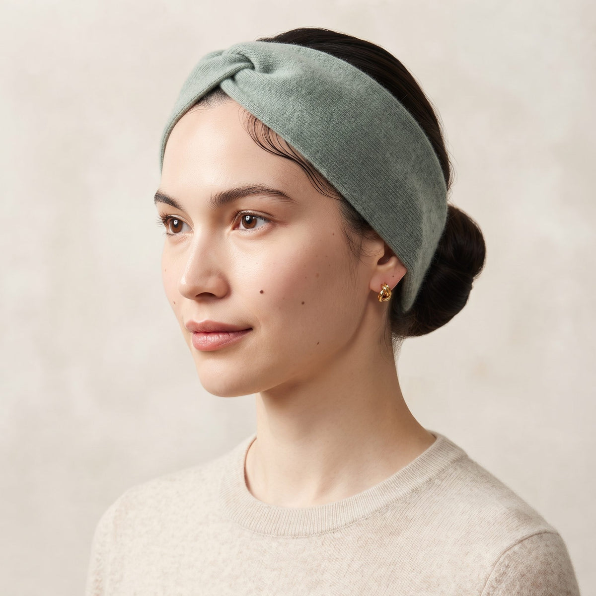 Gomba twisted-front cashmere headband in Heathered Jade, worn, view 2