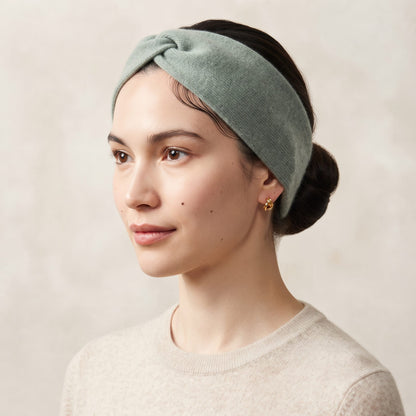 Gomba twisted-front cashmere headband in Heathered Jade, worn, view 2
