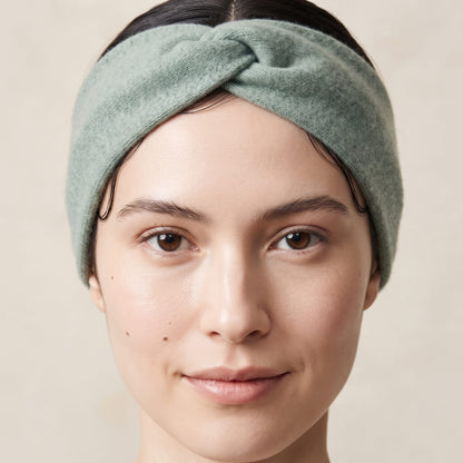 Gomba twisted-front cashmere headband in Heathered Jade, worn, view 3
