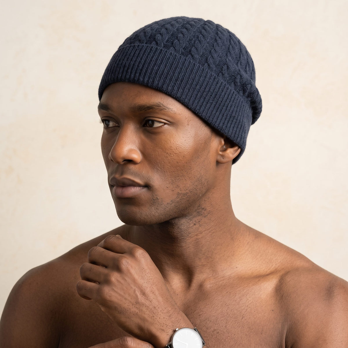 HCNV Men's Cashmere Beanie - Heritage Cable Knit Navy 5