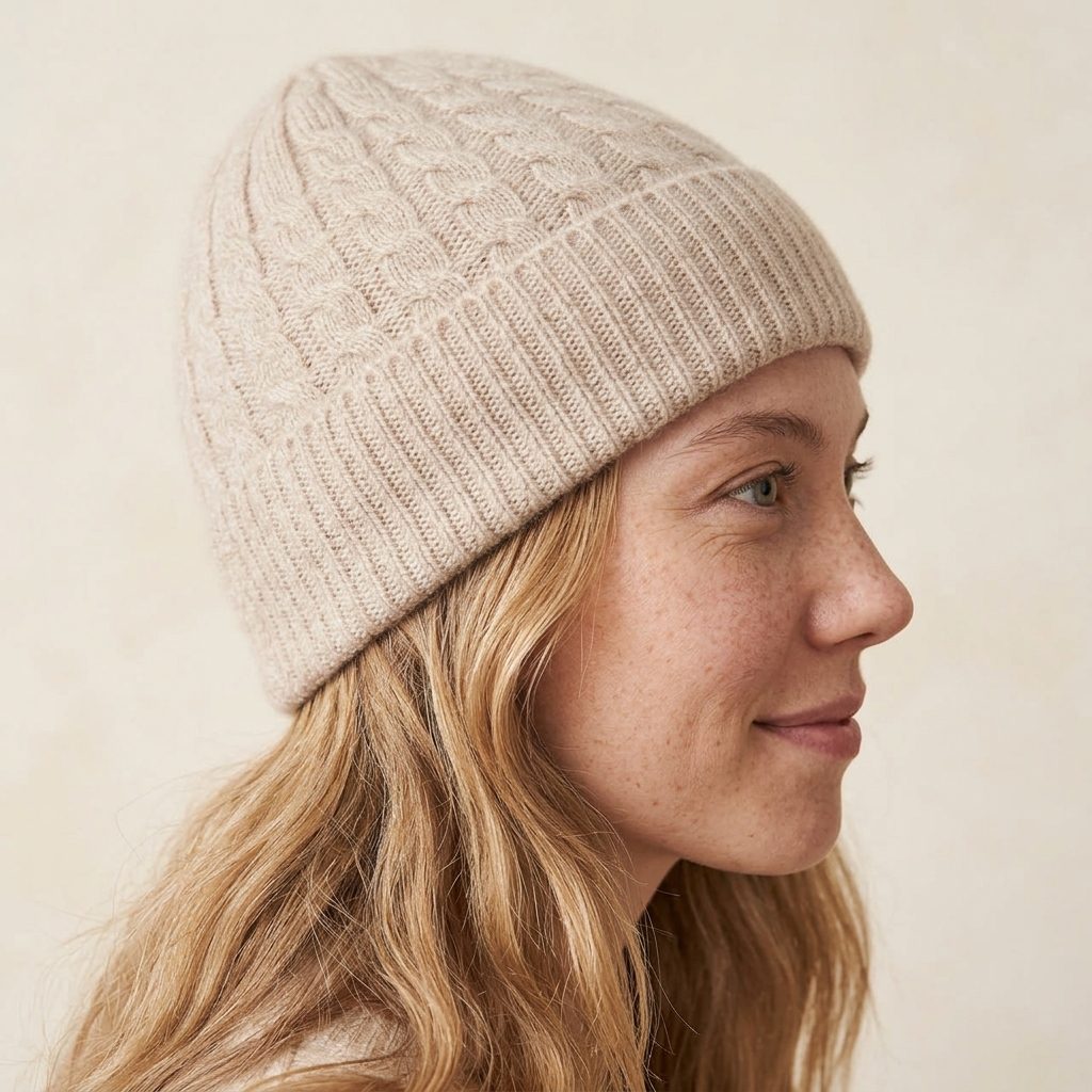WCOM Women's Undyed Cashmere Beanie - Heritage Cable Knit Oatmeal Melange 5