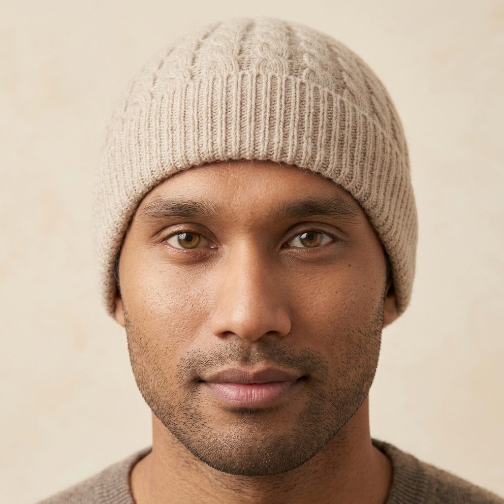 HCOM Men's Undyed Cashmere Beanie - Heritage Cable Knit Oatmeal Melange 4