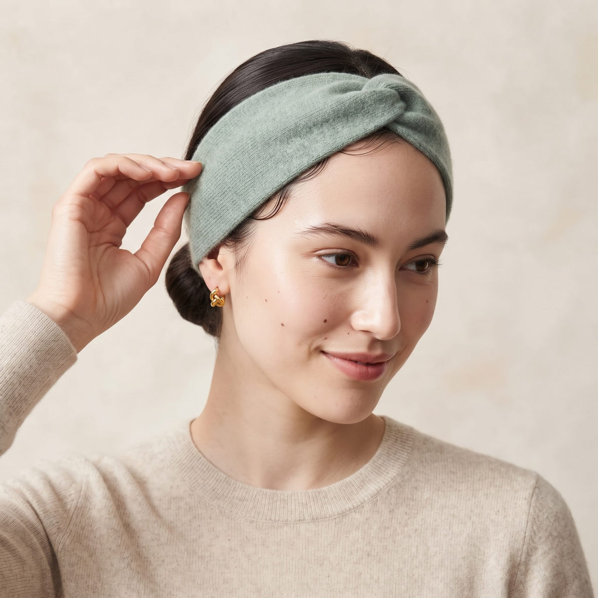 Gomba twisted-front cashmere headband in Heathered Jade, worn, view 4