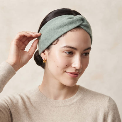 Gomba twisted-front cashmere headband in Heathered Jade, worn, view 4