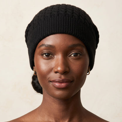 WCBK Women's Cashmere Beanie - Heritage Cable Knit Black 4