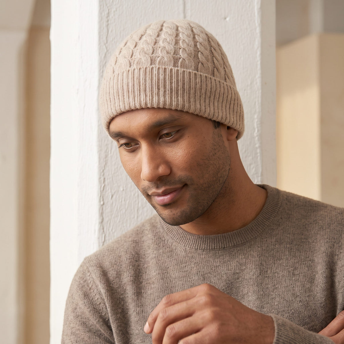 HCOM Men's Undyed Cashmere Beanie - Heritage Cable Knit Oatmeal Melange 5