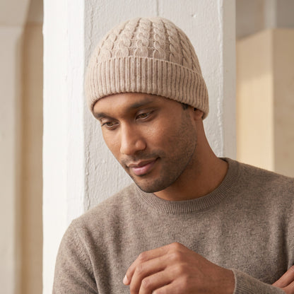 HCOM Men's Undyed Cashmere Beanie - Heritage Cable Knit Oatmeal Melange 5