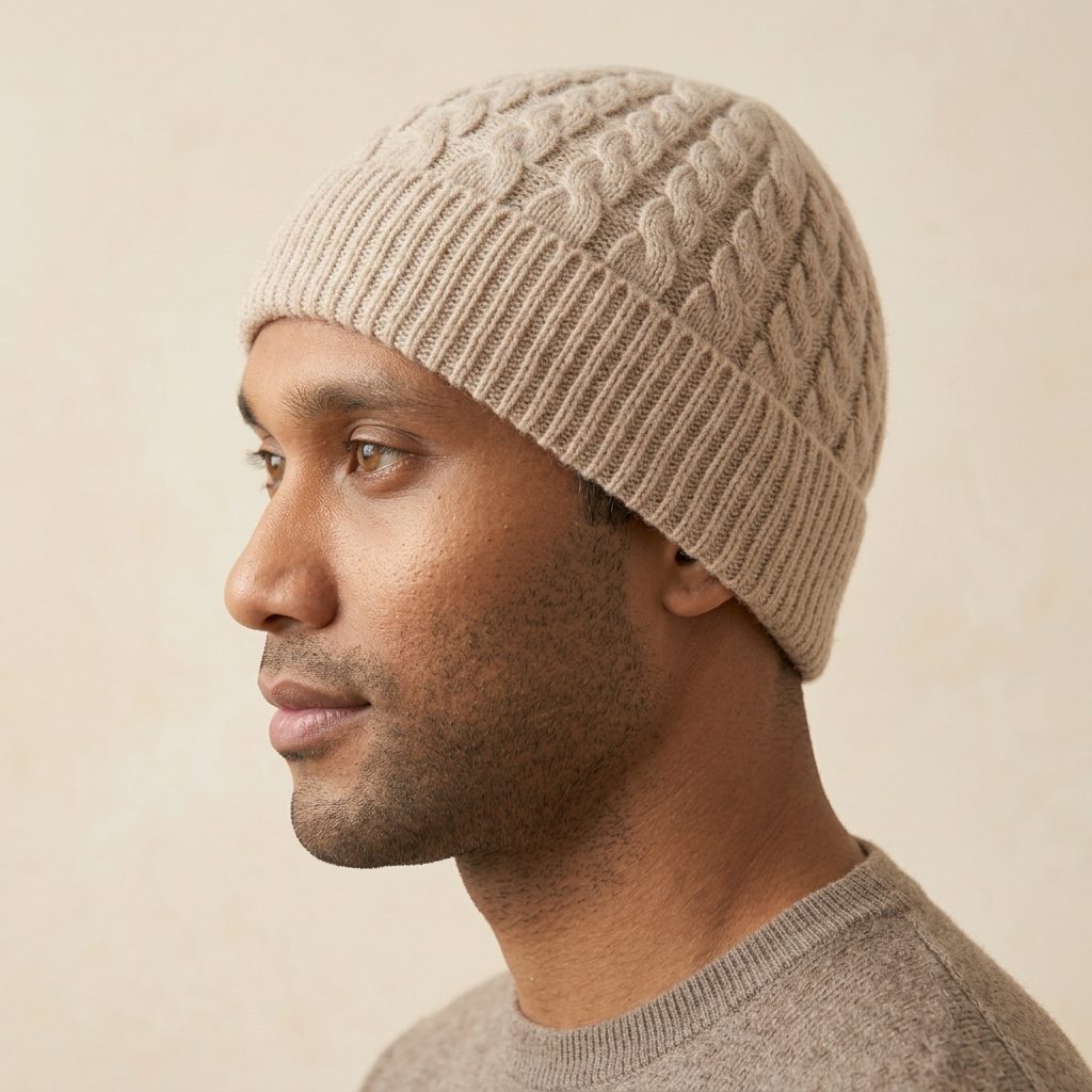 HCOM Men's Undyed Cashmere Beanie - Heritage Cable Knit Oatmeal Melange 6