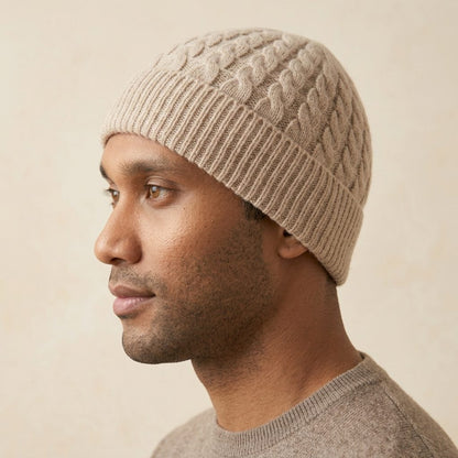 HCOM Men's Undyed Cashmere Beanie - Heritage Cable Knit Oatmeal Melange 6