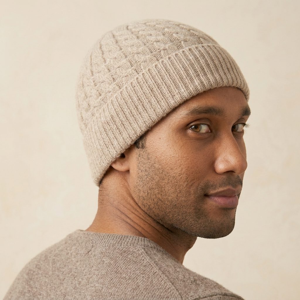 HCOM Men's Undyed Cashmere Beanie - Heritage Cable Knit Oatmeal Melange 7