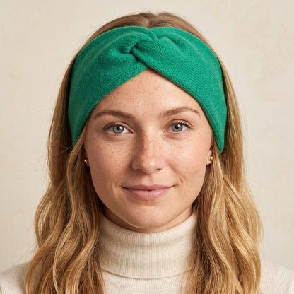 Gomba twisted-front cashmere headband in Kelly Green, worn, view 1