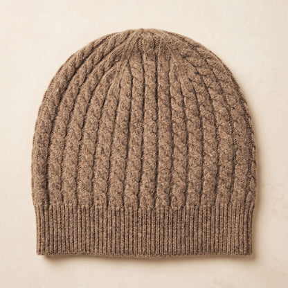 WCTM Women's Undyed Cashmere Beanie - Heritage Cable Knit Toast Melange 3