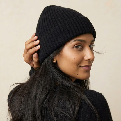 WRBK Women's Cashmere Beanie - Haven Ribbed Black 6