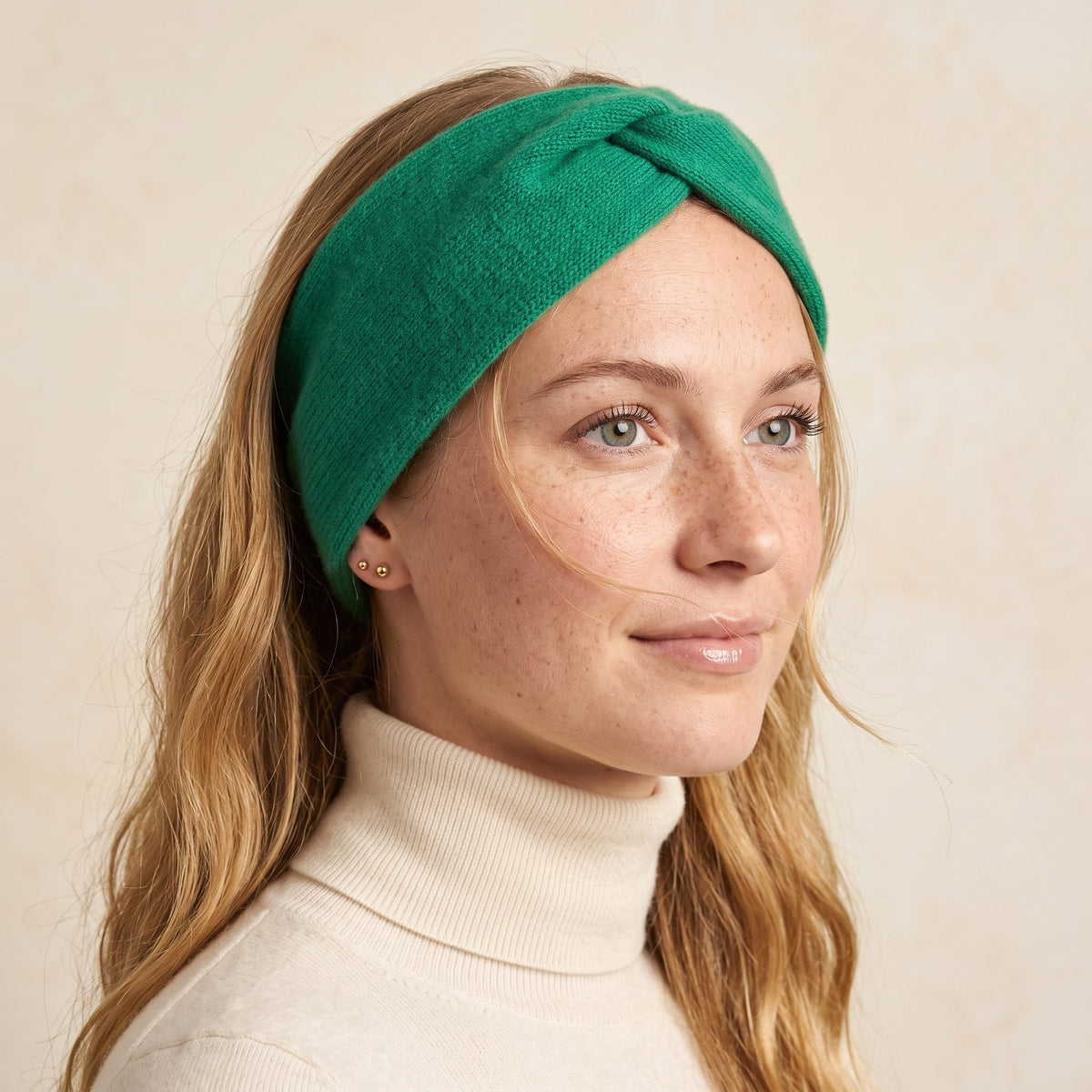 Gomba twisted-front cashmere headband in Kelly Green, worn, view 2