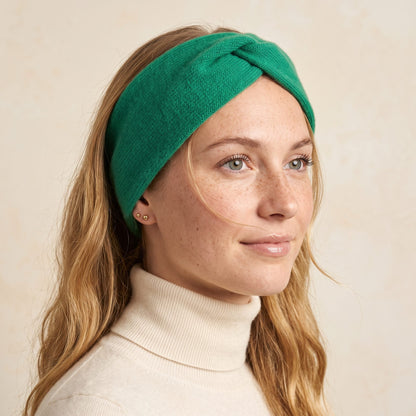 Gomba twisted-front cashmere headband in Kelly Green, worn, view 2
