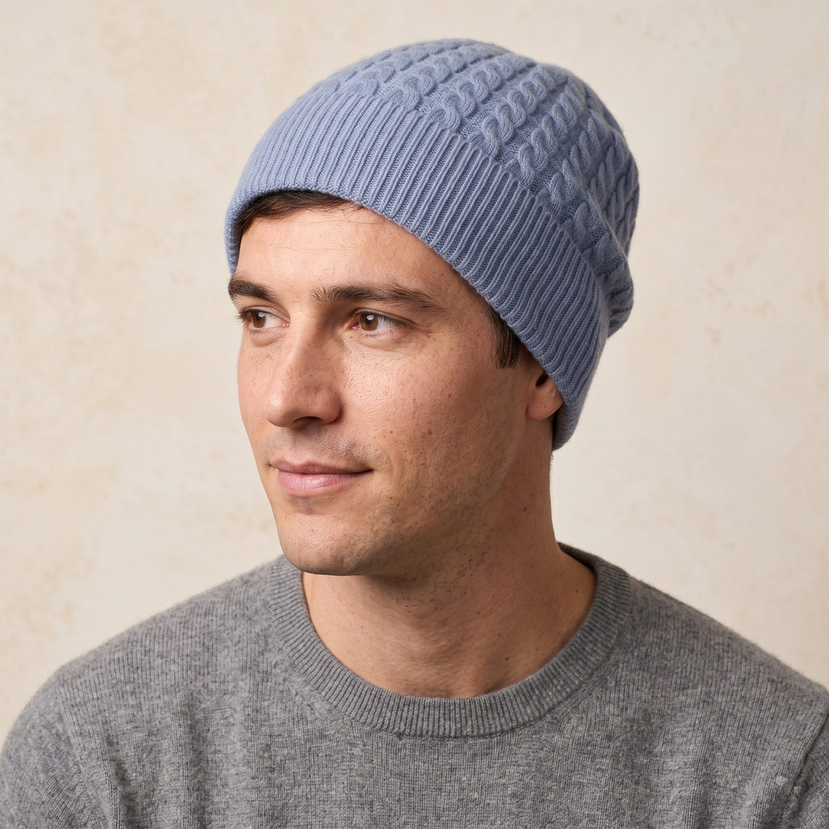 HCSB Men's Cashmere Beanie - Heritage Cable Knit Sky Blue 4