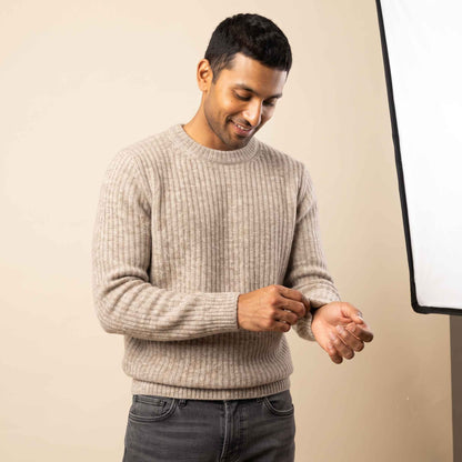Men's ribbed cashmere crewneck sweater, Signature in Oatmeal Melange - view 2
