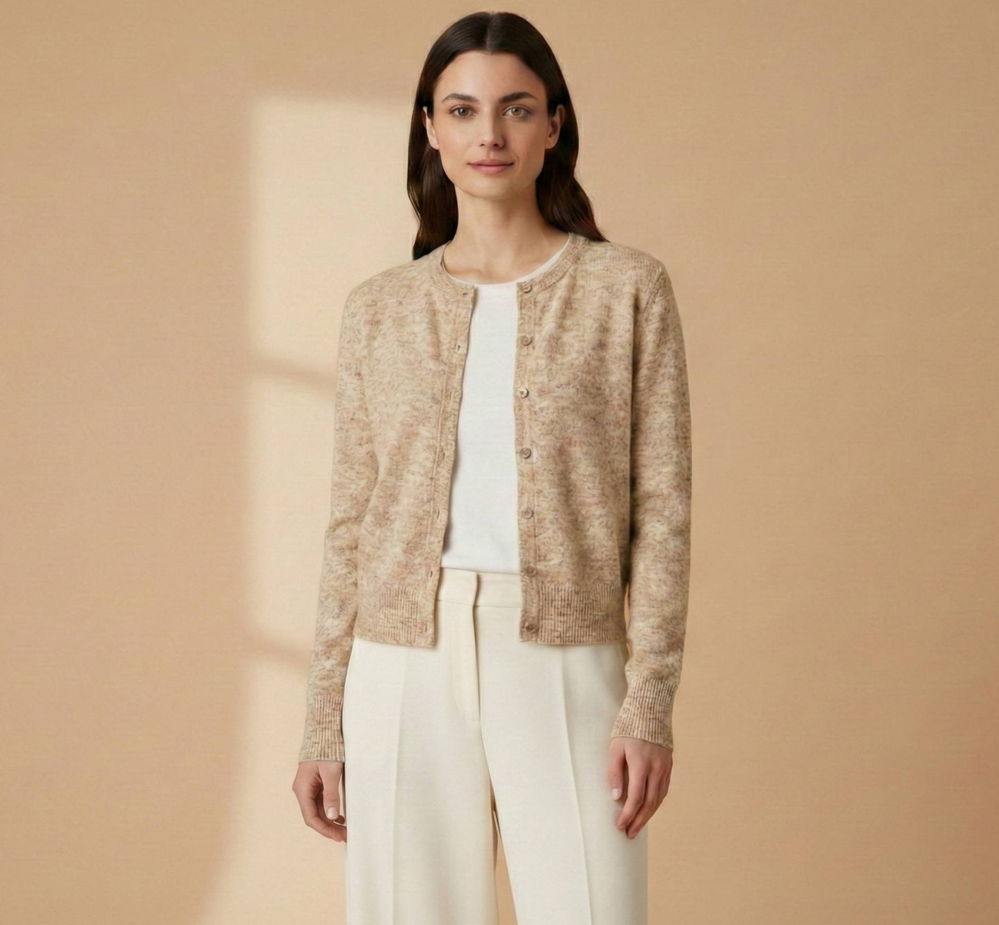 Undyed Himalayan Cashmere Pokhara Cardigan For Women - Oatmeal Melange