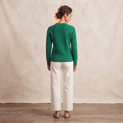 Women's cable-knit cashmere crewneck sweater, Grace in Kelly Green - view 2