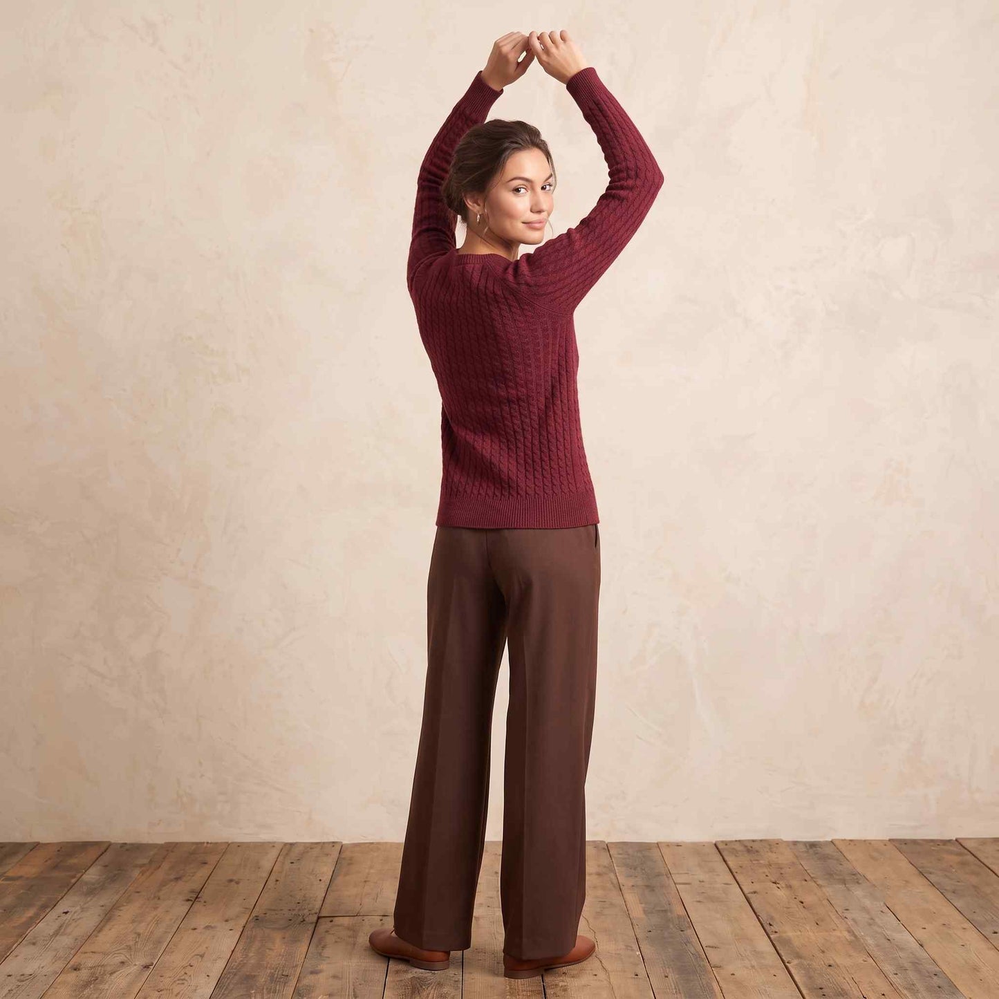 Women's cable-knit cashmere crewneck sweater, Grace in Red Wine - view 3