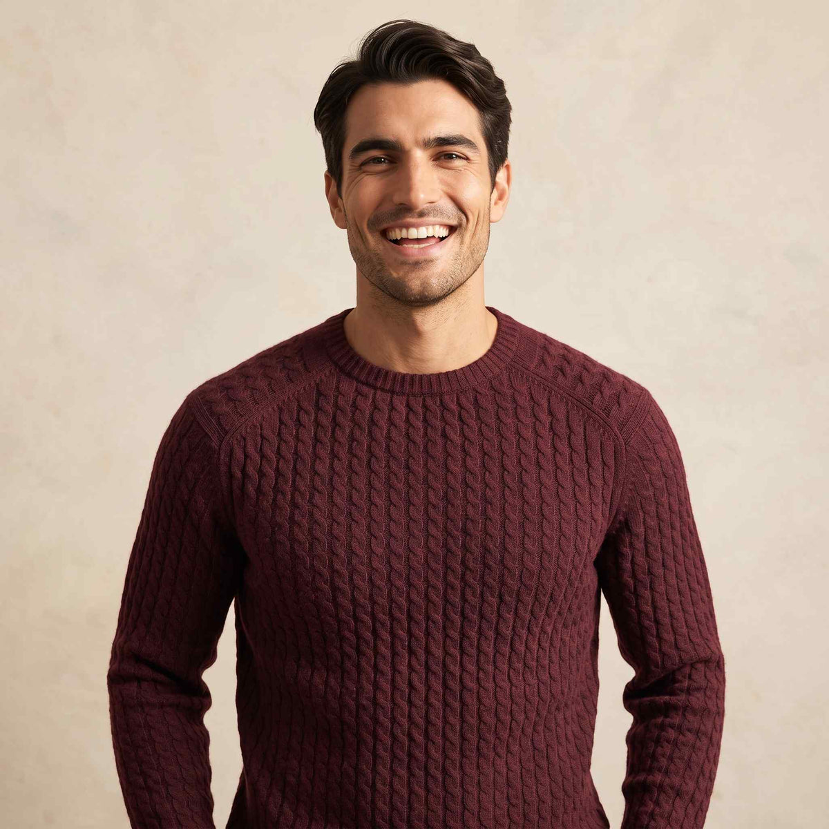Men's cable-knit cashmere sweater, Atlas in Wine Red - view 2