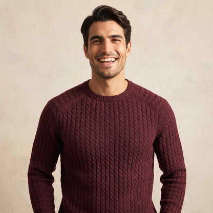 Men's cable-knit cashmere sweater, Atlas in Wine Red - view 2