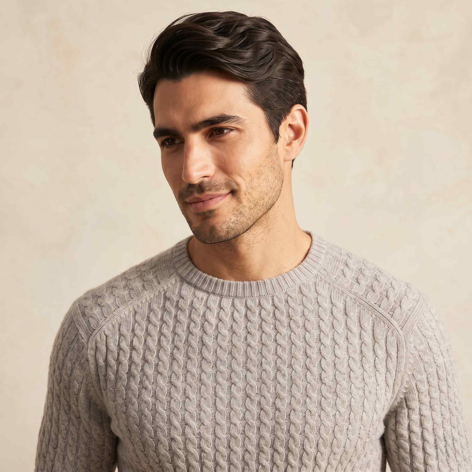 Men's cable-knit cashmere sweater, Atlas in Fog - view 2