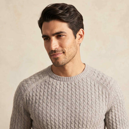 Men's cable-knit cashmere sweater, Atlas in Fog - view 2