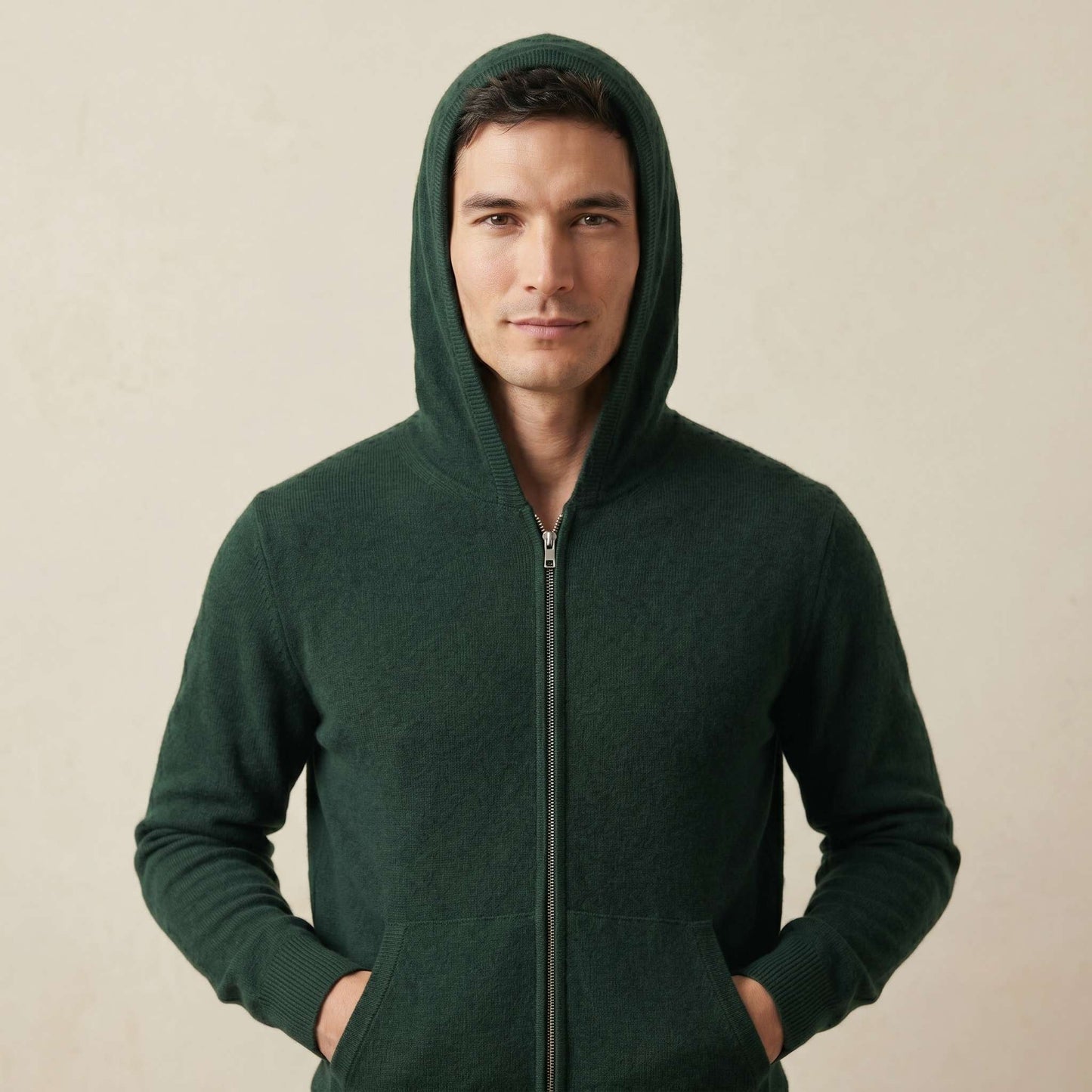 Original Kora Zip Himalayan Cashmere Hoodie For Men in Pine — Himalayan cashmere, view 1