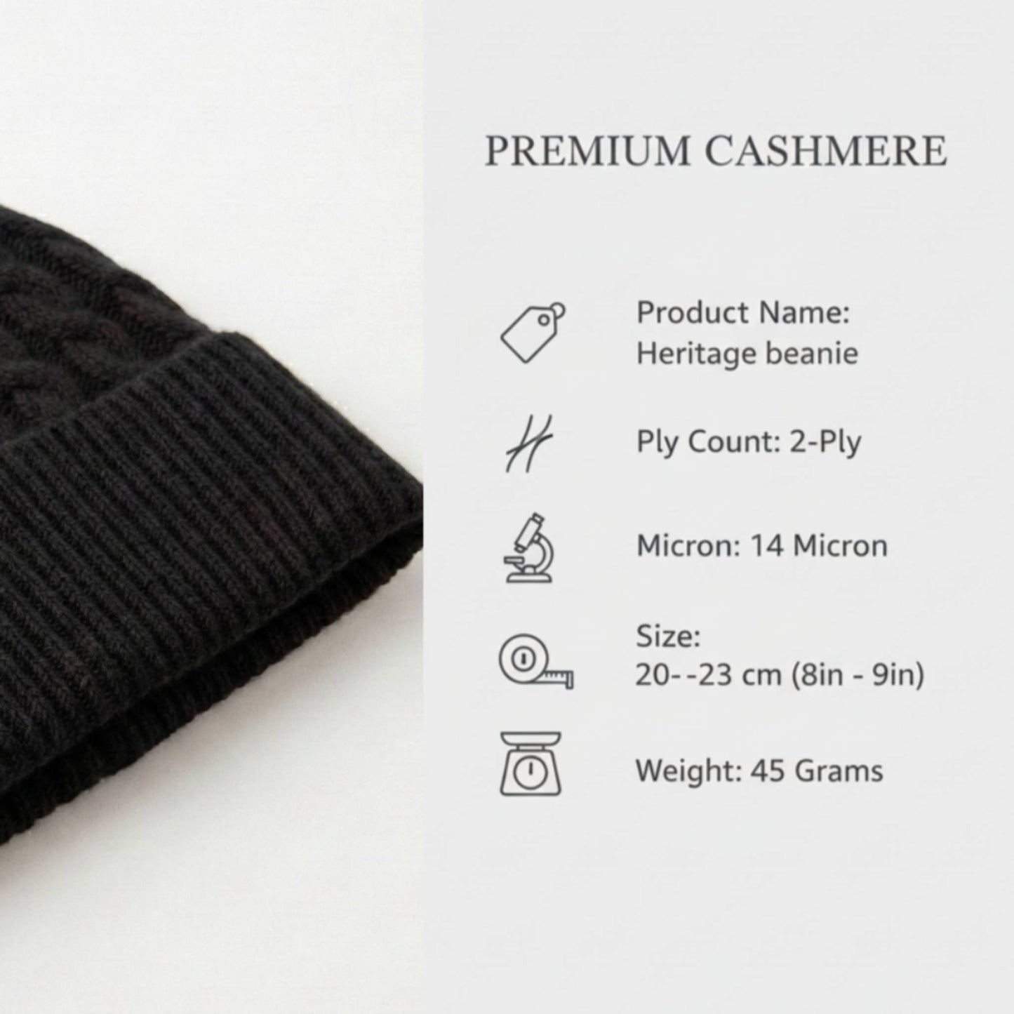 Product information of Deep Onyx Heritage Cable Knit Cashmere Beanie for Men