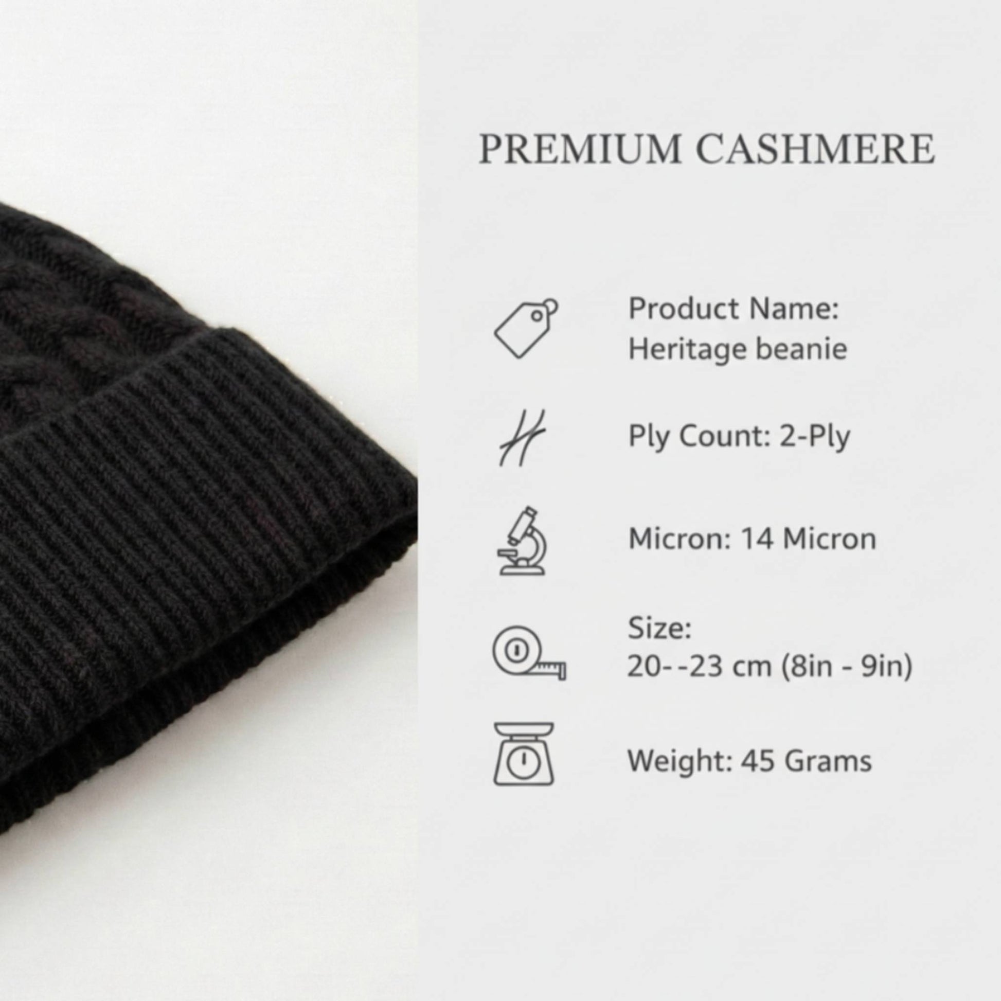 Product information of Deep Onyx Heritage Cable Knit Cashmere Beanie for Men
